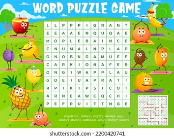 Cartoon ripe fruits characters on yoga fitness word search puzzle game worksheet, kids quiz. Vector lemon, mango, plum and pineapple, orange, apricot, kiwi or banana, quince, apple and grapefruit