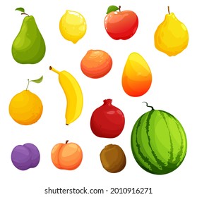 Cartoon ripe fruits, organic farm fresh harvest. Vector raw pear, lemon and apple, ripe quince, orange and mango, grapefruit, banana and garnet, plume, peach or nectarine, kiwi, watermelon