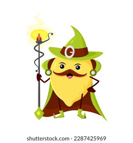 Cartoon ripe lemon fruit wizard or magician character. Funny vector sorcerer, magic personage in witch hat with staff. Smiling mustached citrus wiz with cute face. Tropical fruit enchanter necromancer