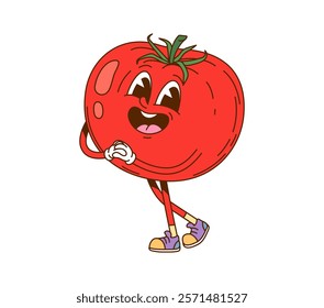 Cartoon ripe tomato vegetable groovy character. Agriculture whole vegetable vintage cute mascot, farming market fresh tomato funky isolated vector character or ripe veggie groovy happy personage