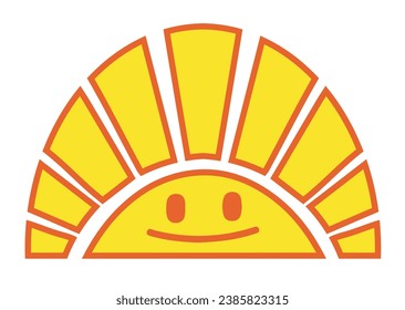Caricatura bajo el sol con nueve rayos con una sonrisa. Sol amarillo con contornos anaranjados. Ilustración vectorial aislada en fondo blanco.