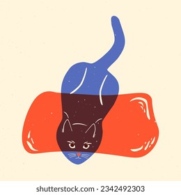 Cartoon risograph cat. Cute pet character overlay riso print style, colorful graphic element for textile poster. Vector art