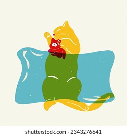 Cartoon risograph cat. Cute pet character riso print effect, colorful graphic element for poster, t-shirt design. Vector art