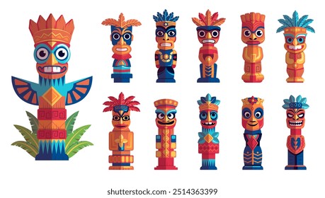 Cartoon ritual hawaiian and african wooden statues. Totems set