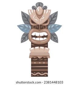 Cartoon ritual tiki totem. Ethnic african or hawaiian carving statue, traditional aboriginal wooden sculpture. Tribal pole totem flat vector illustration