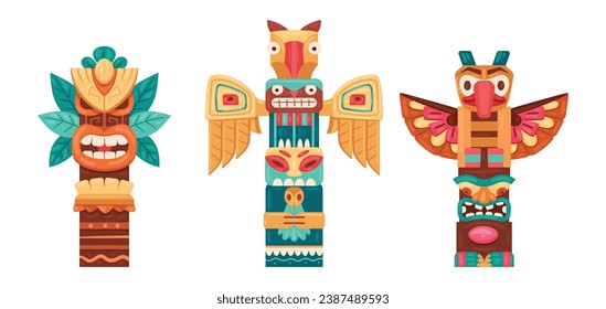 Cartoon ritual wooden statues. Ethnic tiki totems, hawaiian and african traditional sculptures, Native african or indian figures flat vector illustration set. Aboriginal pole totems