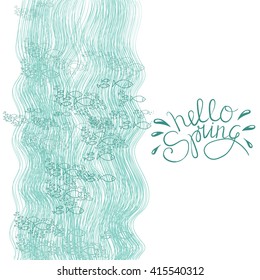 Cartoon River Background.Hand Lettering "Hello spring!" Brush Pen lettering isolated on background. Handwritten vector Illustration.