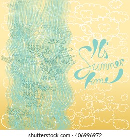Cartoon River Background.Hand Lettering "Its summer time" Brush Pen lettering isolated on background. Handwritten vector Illustration. 