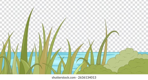 Cartoon river bank with grass and bushes – vector landscape element