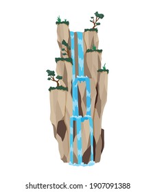 Cartoon river cascade waterfall. Landscape with mountains and trees. Design element for travel brochure or illustration mobile game. Fresh natural water