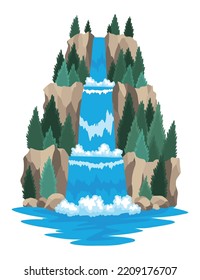 Cartoon river cascade waterfall. Landscape with mountains and trees. Design element for travel brochure or illustration mobile game. Fresh natural water
