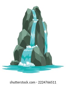 Cartoon river cascade waterfall. Landscape with mountains and trees. Design element for travel brochure or illustration mobile game. Fresh natural water