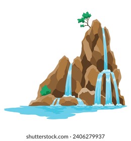 Cartoon river cascade waterfall. Landscape with mountains and trees. Design element for travel brochure or illustration mobile game. Fresh natural water