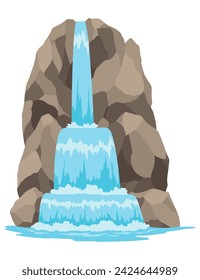 Cartoon river cascade waterfall. Landscape with mountains and trees. Design element for travel brochure or illustration mobile game. Fresh natural water