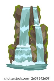 Cartoon river cascade waterfall. Landscape with mountains and trees. Design element for travel brochure or illustration mobile game. Fresh natural water