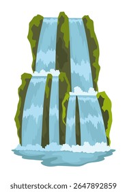 Cartoon river cascade waterfall. Landscape with mountains and trees. Design element for travel brochure or illustration mobile game. Fresh natural water