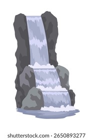 Cartoon river cascade waterfall. Landscape with mountains and trees. Design element for travel brochure or illustration mobile game. Fresh natural water