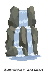 Cartoon Fluss Kaskade Wasserfall. Landschaft mit Bergen und Bäumen. Gestaltungselement für Reisebroschüre oder Illustration Handyspiel. Frisches natürliches Wasser