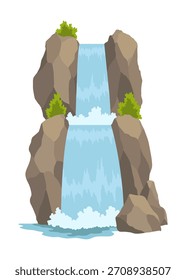 Cartoon Fluss Kaskade Wasserfall. Landschaft mit Bergen und Bäumen. Gestaltungselement für Reisebroschüre oder Illustration Handyspiel. Frisches natürliches Wasser