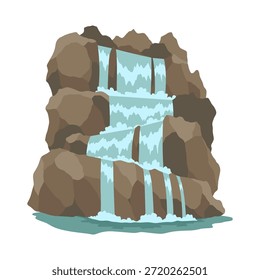 Cartoon Fluss Kaskade Wasserfall. Landschaft mit Bergen und Bäumen. Gestaltungselement für Reisebroschüre oder Illustration Handyspiel. Frisches natürliches Wasser