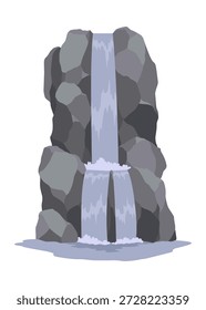 Cartoon river cascade waterfall. Landscape with mountains and trees. Design element for travel brochure or illustration mobile game. Fresh natural water