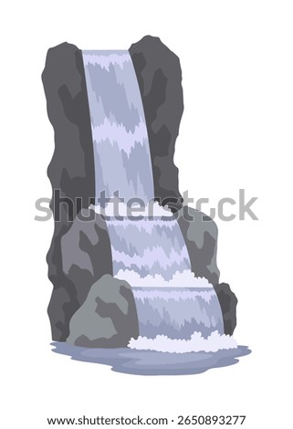 Cartoon river cascade waterfall. Landscape with mountains and trees. Design element for travel brochure or illustration mobile game. Fresh natural water