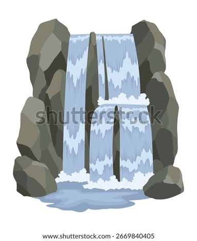 Cartoon river cascade waterfall. Landscape with mountains and trees. Design element for travel brochure or illustration mobile game. Fresh natural water