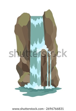 Cartoon river cascade waterfall. Landscape with mountains and trees. Design element for travel brochure or illustration mobile game. Fresh natural water