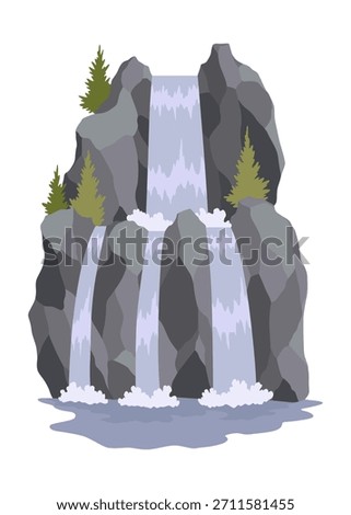 Cartoon river cascade waterfall. Landscape with mountains and trees. Design element for travel brochure or illustration mobile game. Fresh natural water