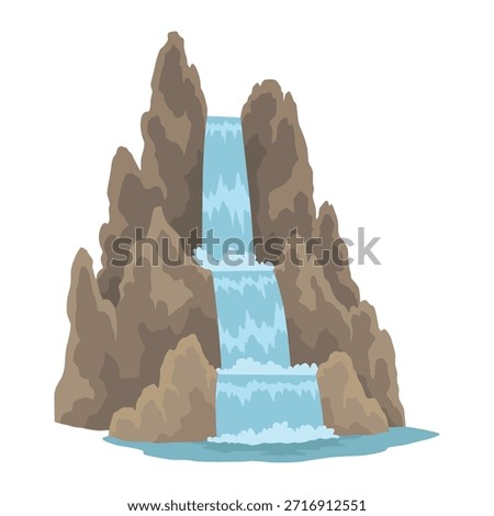 Cartoon river cascade waterfall. Landscape with mountains and trees. Design element for travel brochure or illustration mobile game. Fresh natural water