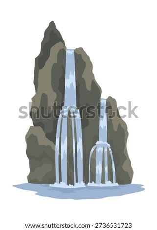Cartoon river cascade waterfall. Landscape with mountains and trees. Design element for travel brochure or illustration mobile game. Fresh natural water