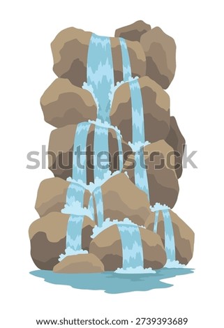Cartoon river cascade waterfall. Landscape with mountains and trees. Design element for travel brochure or illustration mobile game. Fresh natural water
