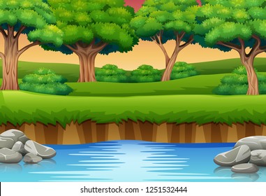 Cartoon of river in the forest and silhouettes background