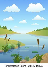 Cartoon river or lake and reeds, other freshwater plants with clouds он blue sky. Vertical natural landscape waterside background