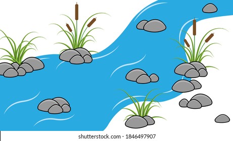 Cartoon river with reeds, grass and stones isolated on white background. Vector flat design