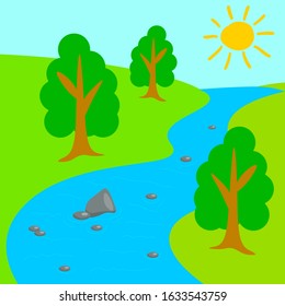 Cartoon river valley in flat style. Sunny day in the park. Summer forest. Vector illustration. 