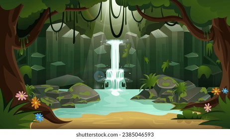 cartoon a river and waterfall, flat illustration, waterfall in green jungle forest . cartoon tropical panoramic landscape with river water falling, vector illustration.  fully editable,  easy to edit