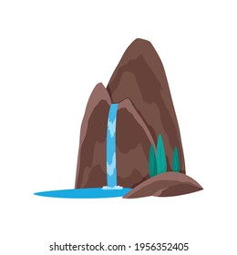 Cartoon river waterfall. Landscape with mountains and trees. Design element for travel brochure or illustration mobile game. Fresh natural water