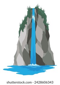 Cartoon river waterfall. Landscape with mountains and trees. Design element for travel brochure or illustration mobile game. Fresh natural water