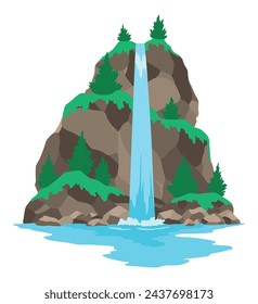 Cartoon river waterfall. Landscape with mountains and trees. Design element for travel brochure or illustration mobile game. Fresh natural water