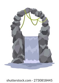 Cachoeira do rio Cartoon. Paisagem com montanhas e árvores Elemento de design para folheto de viagem ou ilustração de jogo móvel. Água doce natural