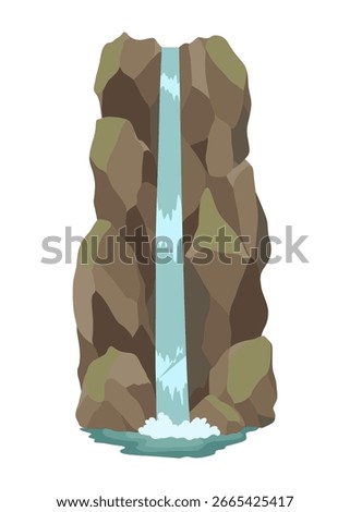 Cartoon river waterfall. Landscape with mountains and trees. Design element for travel brochure or illustration mobile game. Fresh natural water