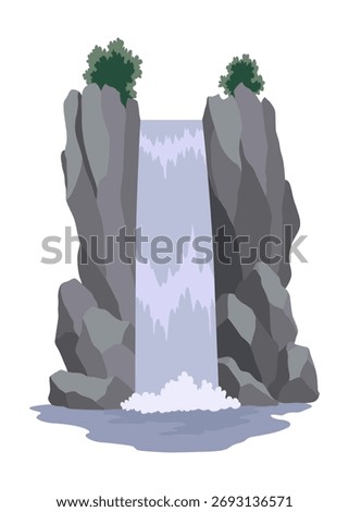 Cartoon river waterfall. Landscape with mountains and trees. Design element for travel brochure or illustration mobile game. Fresh natural water