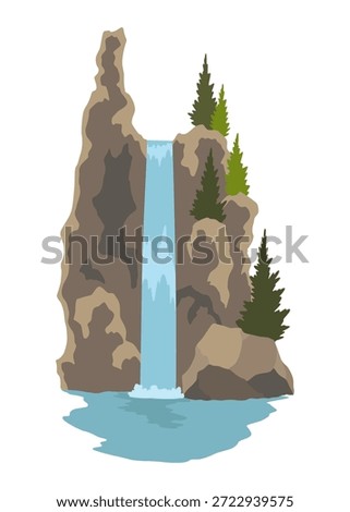 Cartoon river waterfall. Landscape with mountains and trees. Design element for travel brochure or illustration mobile game. Fresh natural water