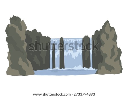 Cartoon river waterfall. Landscape with mountains and trees. Design element for travel brochure or illustration mobile game. Fresh natural water