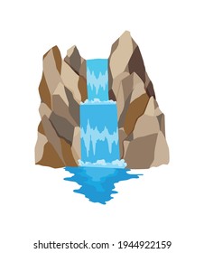 Cartoon river waterfalls. Landscape with design elements for travel brochure or illustration mobile game. Fresh natural water