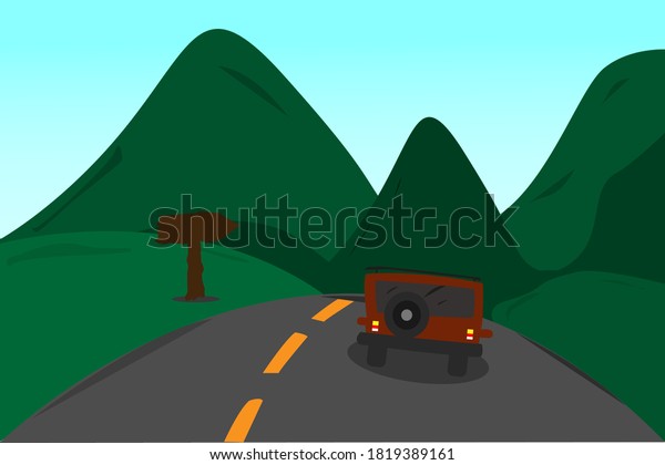 Cartoon road car illustration with mountain and\
nature scenery