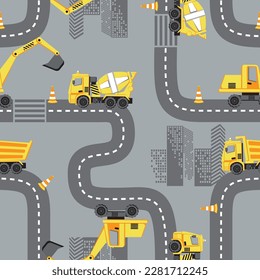 Cartoon road with concrete mixer, excavator, dump truck and city seamless pattern . Vector illustration.