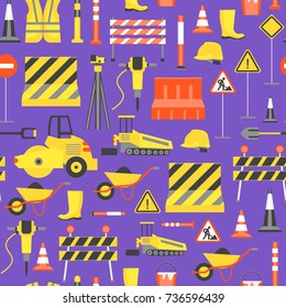 Cartoon Road Construction Background Pattern on a Purple Flat Style Design Elements Transportation, Equipment and Street Sign. Vector illustration