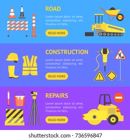 Cartoon Road Construction Banner Horizontal Set Flat Style Design Elements Transportation, Equipment and Street Sign. Vector illustration